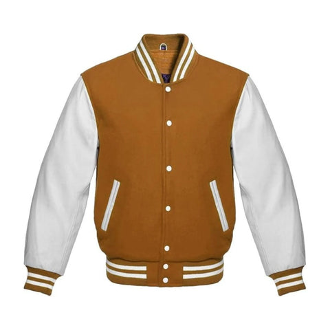 Tan Brown Wool and White Leather Varsity Jacket