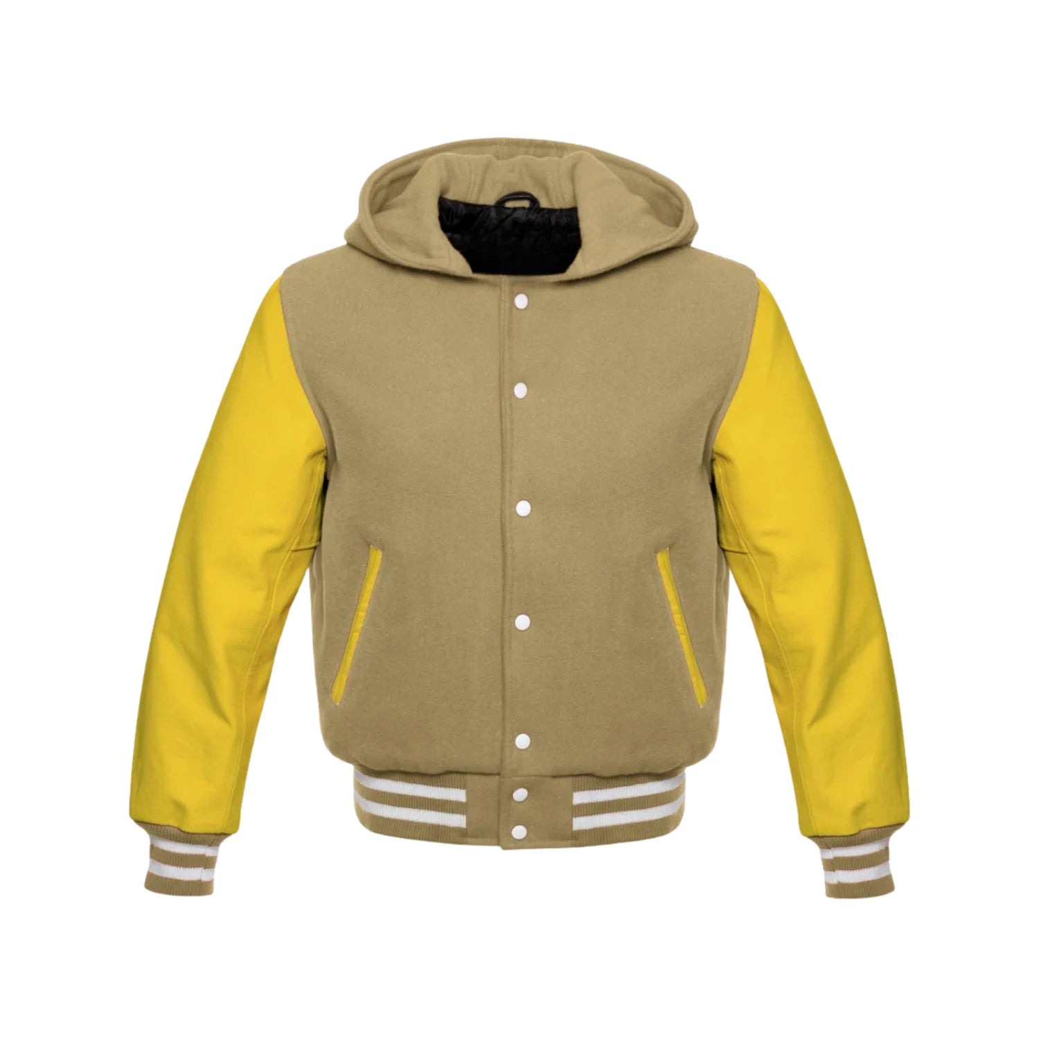 Tan Brown Wool and Yellow Leather Hooded Varsity Jacket