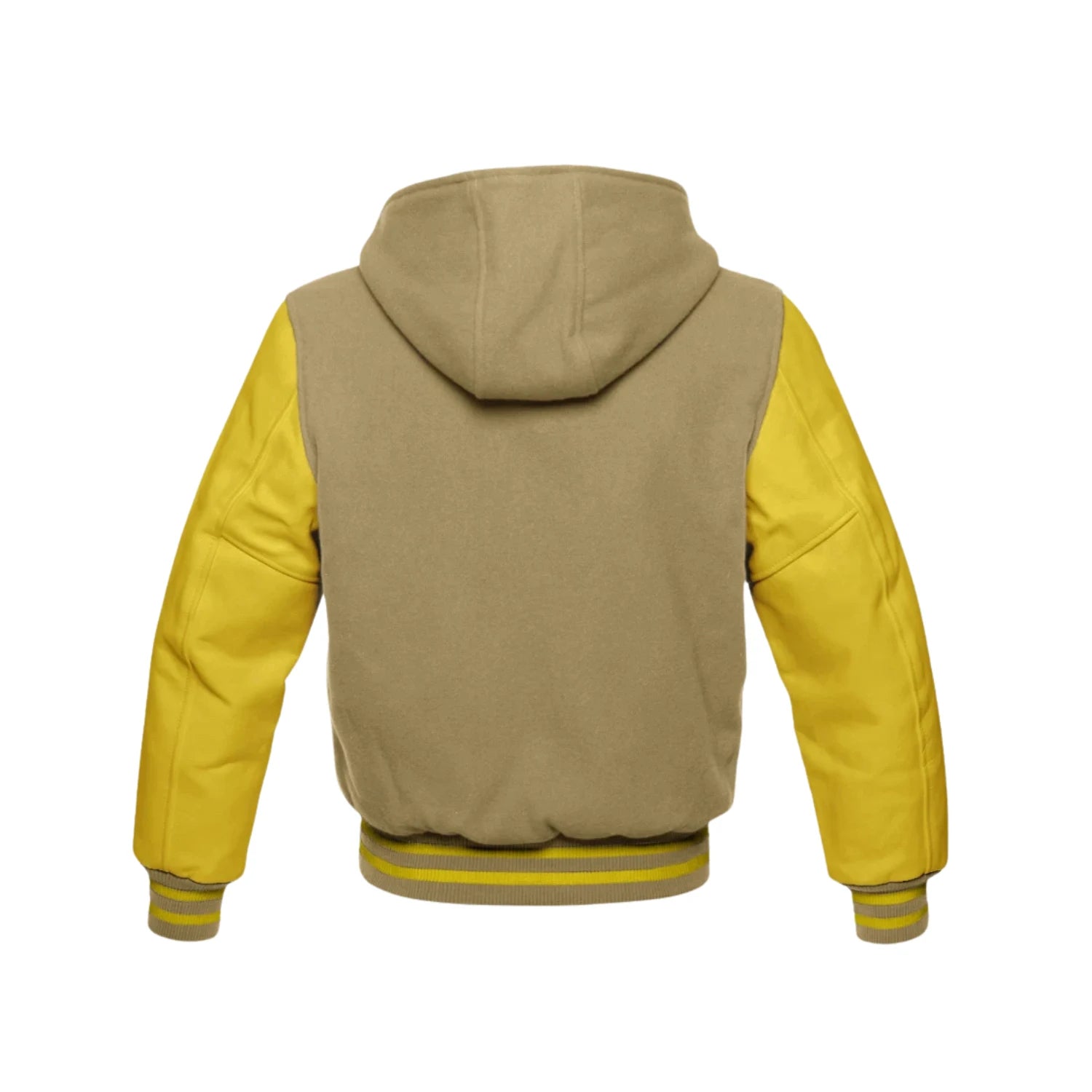 Tan Brown Wool and Yellow Leather Hooded Varsity Jacket Back Side