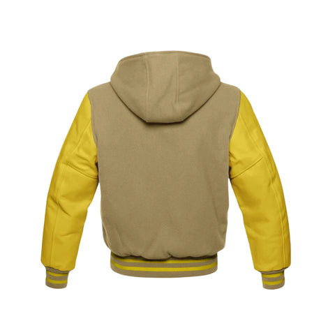 Tan Brown Wool and Yellow Leather Hooded Varsity Jacket Back Side
