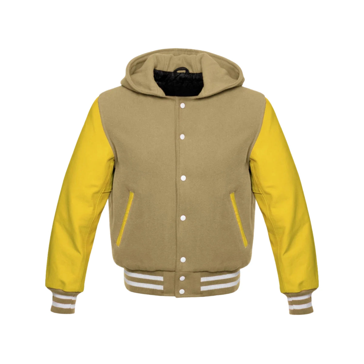 Tan Brown Wool and Yellow Leather Hooded Varsity Jacket