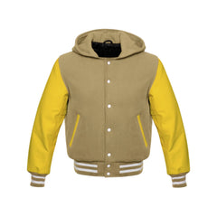Tan Brown Wool and Yellow Leather Hooded Varsity Jacket