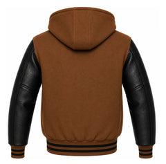 Tan Brown and Black Hooded Varsity Jacket