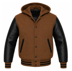 Tan Brown and Black Hooded Varsity Jacket