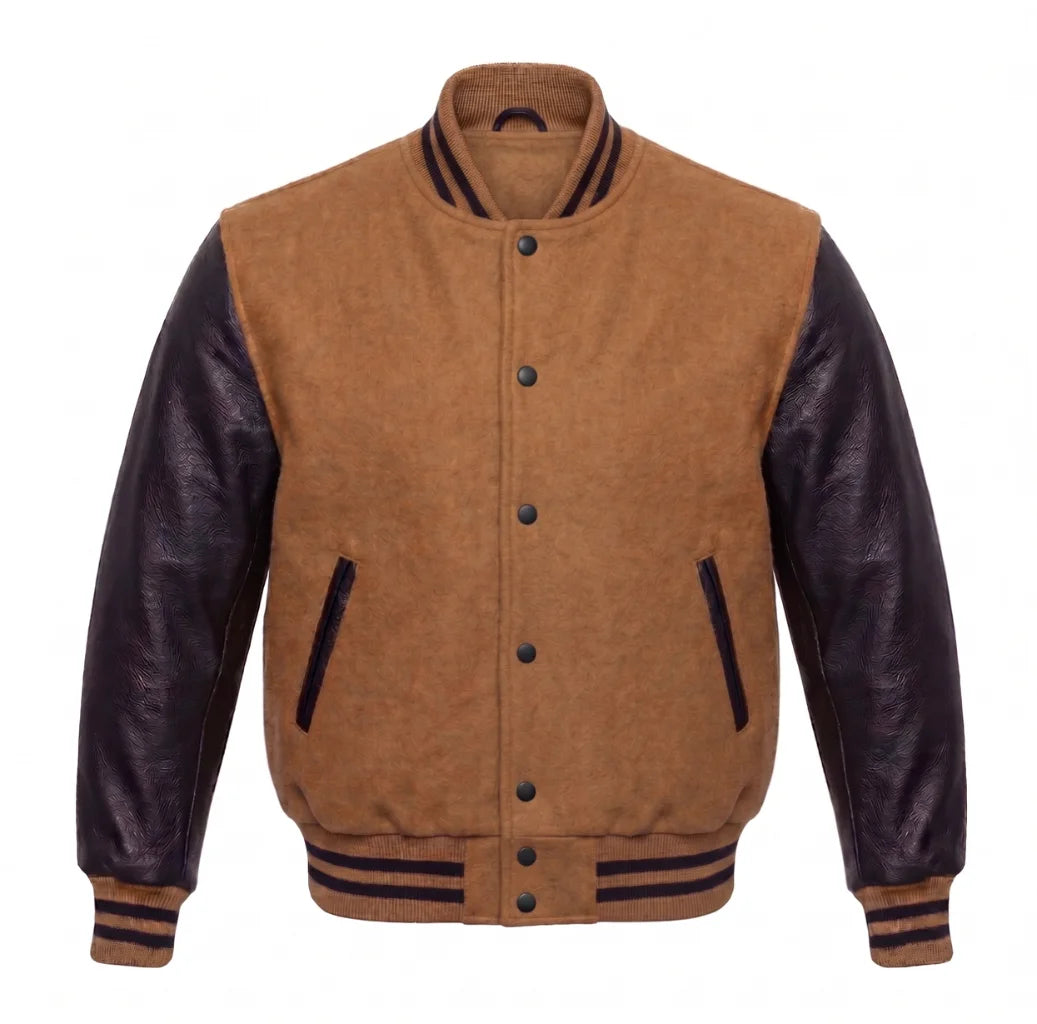 Tan Brown and Black Varsity Jacket with Wool Body and Leather Sleeves
