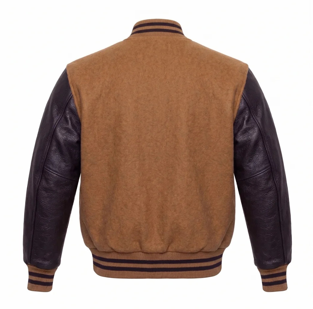 Tan Brown and Black Varsity Jacket with Wool Body and Leather Sleeves Back View