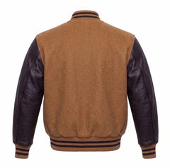Tan Brown and Black Varsity Jacket with Wool Body and Leather Sleeves Back View