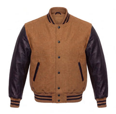 Tan Brown and Black Varsity Jacket with Wool Body and Leather Sleeves