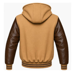 Tan Brown and Brown Hooded Varsity Jacket