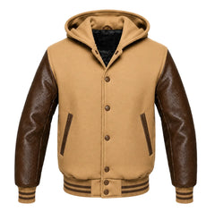 Tan Brown and Brown Hooded Varsity Jacket
