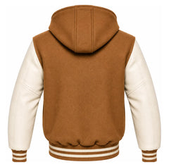 Tan Brown and Cream Hooded Letterman Jacket