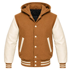 Tan Brown and Cream Hooded Letterman Jacket
