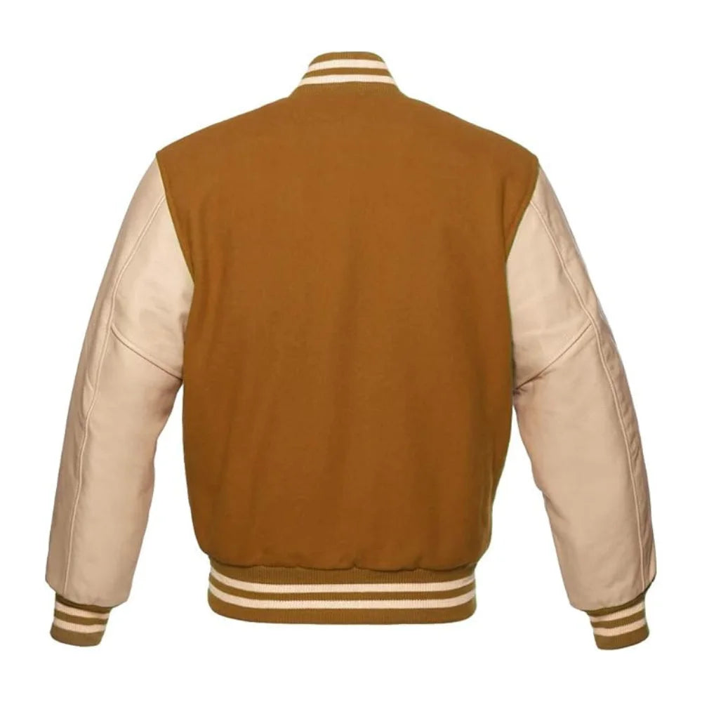 Tan Brown and Cream Varsity Jacket with Wool Body and Leather Sleeves Back Side