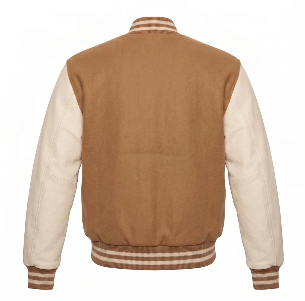 Tan Brown and Cream Varsity Jacket with Wool Body and Leather Sleeves Back View