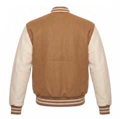Tan Brown and Cream Varsity Jacket with Wool Body and Leather Sleeves Back View