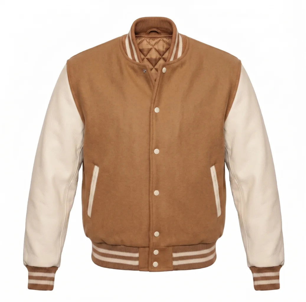Tan Brown and Cream Varsity Jacket with Wool Body and Leather Sleeves