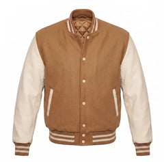Tan Brown and Cream Varsity Jacket with Wool Body and Leather Sleeves