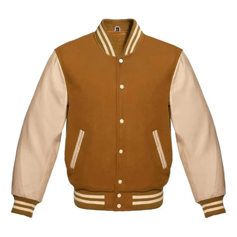 Tan Brown and Cream Varsity Jacket with Wool Body and Leather Sleeves
