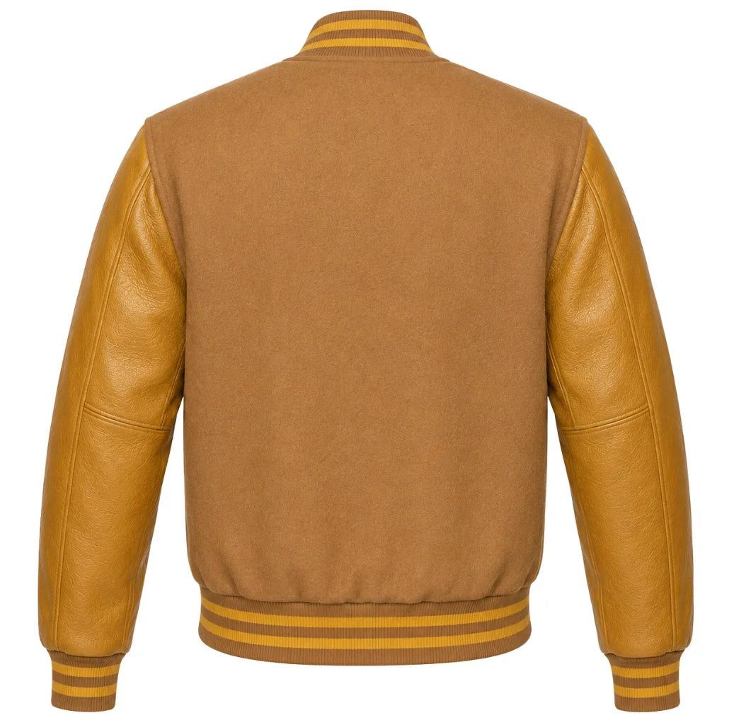 Tan brown wool letterman jacket with gold leather sleeves, back view