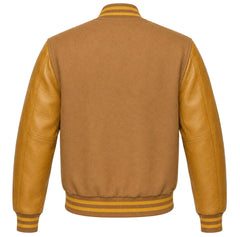 Tan brown wool letterman jacket with gold leather sleeves, back view