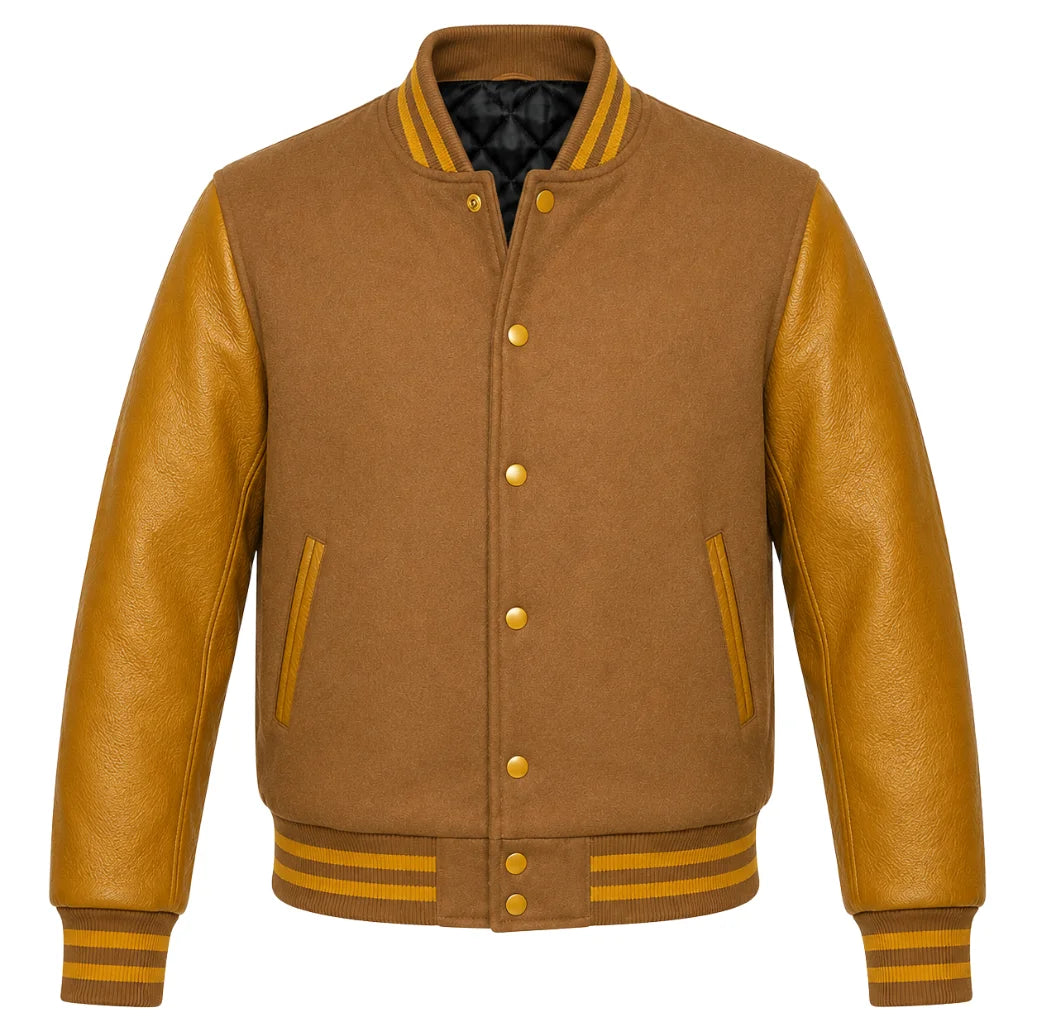 Tan brown melton wool letterman jacket with gold cowhide leather sleeves, front view