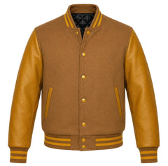 Tan brown melton wool letterman jacket with gold cowhide leather sleeves, front view