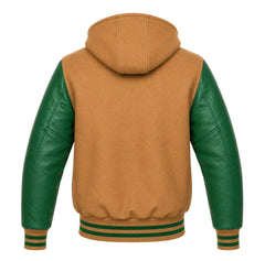 Tan Brown and Green Hooded Varsity Jacket