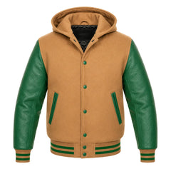 Tan Brown and Green Hooded Varsity Jacket
