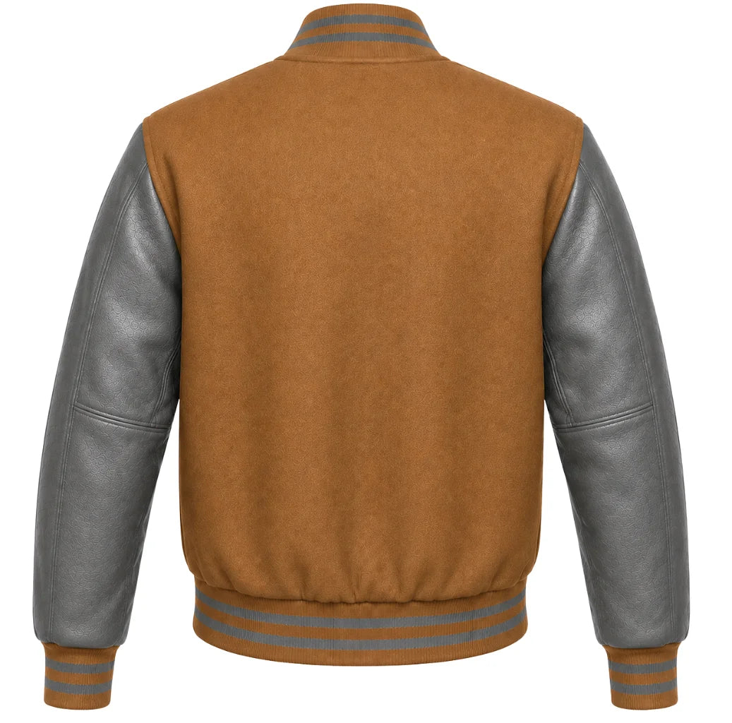 Tan brown wool letterman jacket with grey cowhide leather sleeves, back view