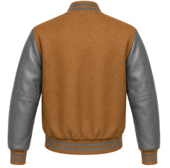 Tan brown wool letterman jacket with grey cowhide leather sleeves, back view