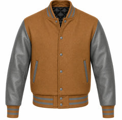 Tan brown melton wool letterman jacket with grey leather sleeves, front view