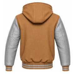 Tan Brown and Grey Varsity Jacket with Hood