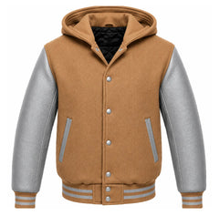 Tan Brown and Grey Varsity Jacket with Hood
