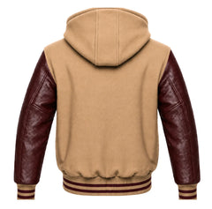 Tan Brown and Maroon Hooded Letterman Jacket