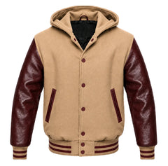 Tan Brown and Maroon Hooded Letterman Jacket