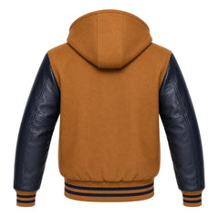 Tan Brown and Navy Blue Hooded Varsity Jacket
