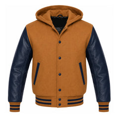 Tan Brown and Navy Blue Hooded Varsity Jacket