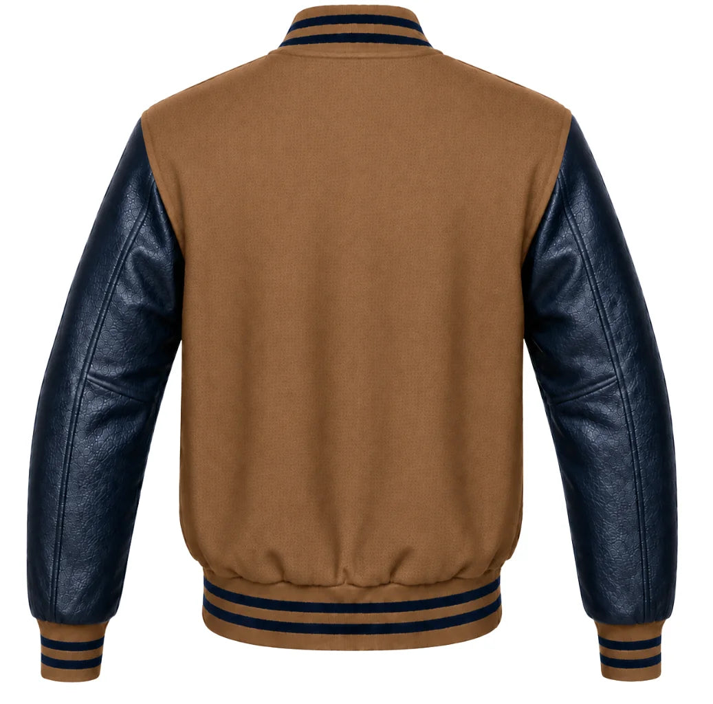 Tan brown wool letterman jacket, navy blue cowhide sleeves, back view