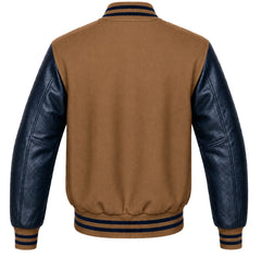 Tan brown wool letterman jacket, navy blue cowhide sleeves, back view