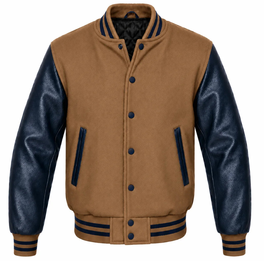 Tan brown melton wool letterman jacket with navy blue leather sleeves, front view