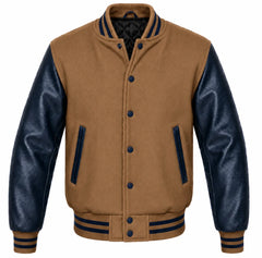 Tan brown melton wool letterman jacket with navy blue leather sleeves, front view