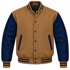 Tan Brown and Navy Blue Wool Varsity Jacket