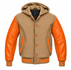 Tan Brown and Orange Hooded Varsity Jacket