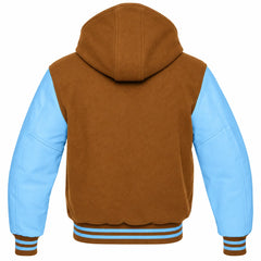 Tan Brown and Sky Blue Letterman Jacket with Hood
