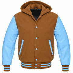 Tan Brown and Sky Blue Letterman Jacket with Hood