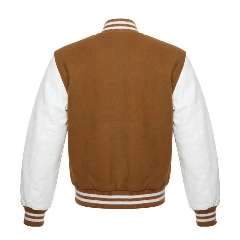 Tan Brown and White Varsity Jacket with Wool Body and Leather Sleeves Back Side