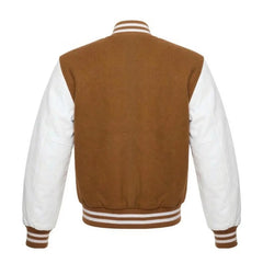 Tan Brown and White Varsity Jacket with Wool Body and Leather Sleeves Back Side