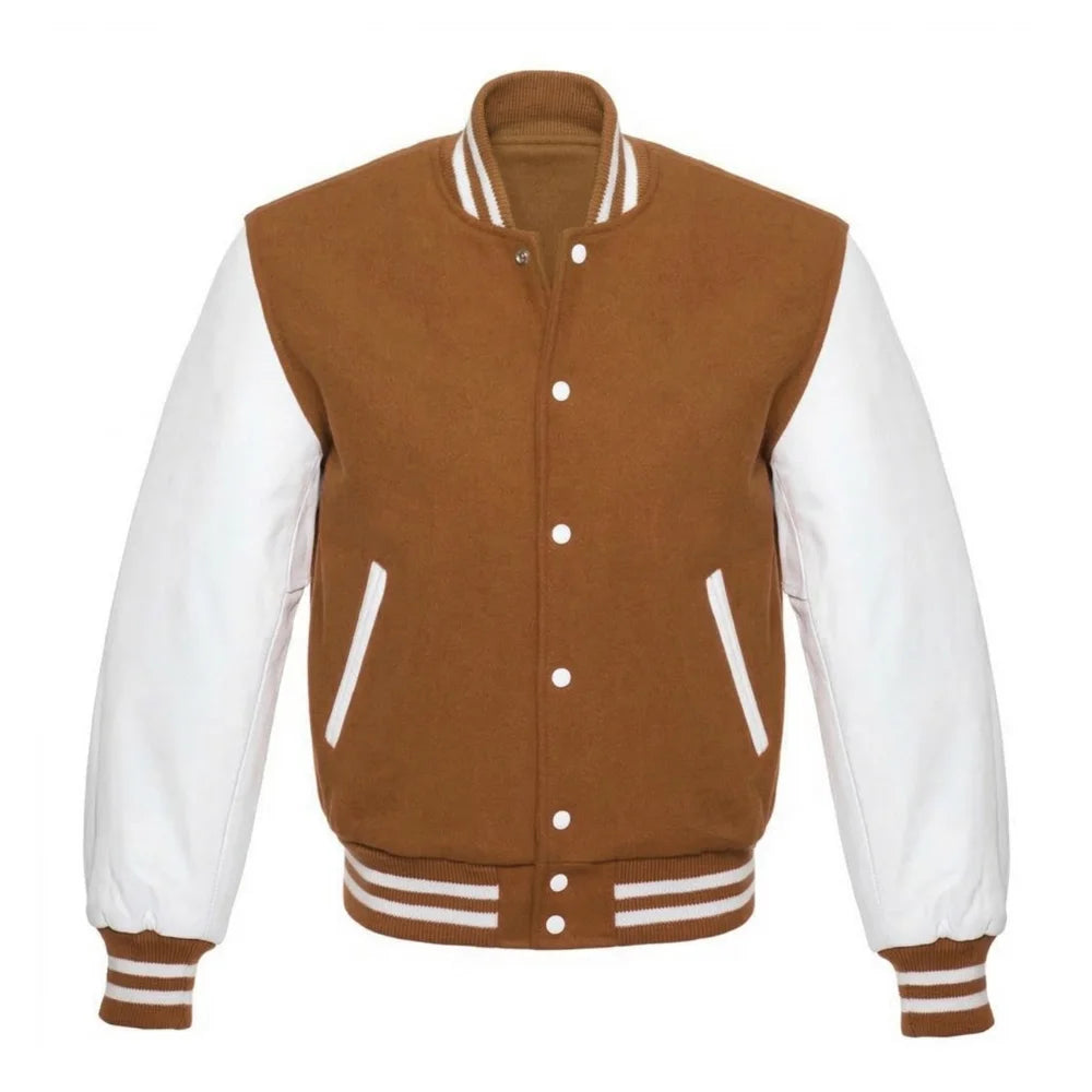 Tan Brown and White Varsity Jacket with Wool Body and Leather Sleeves
