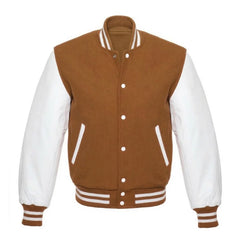 Tan Brown and White Varsity Jacket with Wool Body and Leather Sleeves