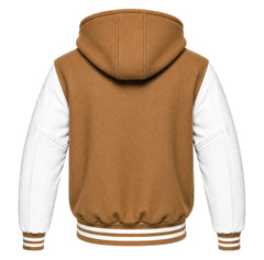 Tan Brown and White Varsity Jacket with Hood